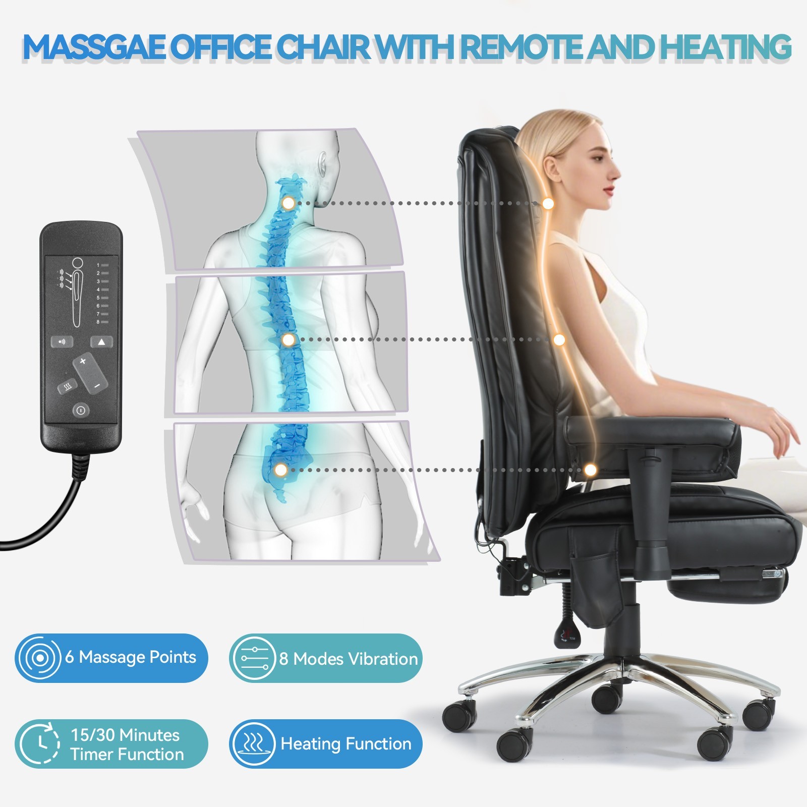 Big and Tall Office Chair with 6 Point Massage & Heating, Reclining Office Chair