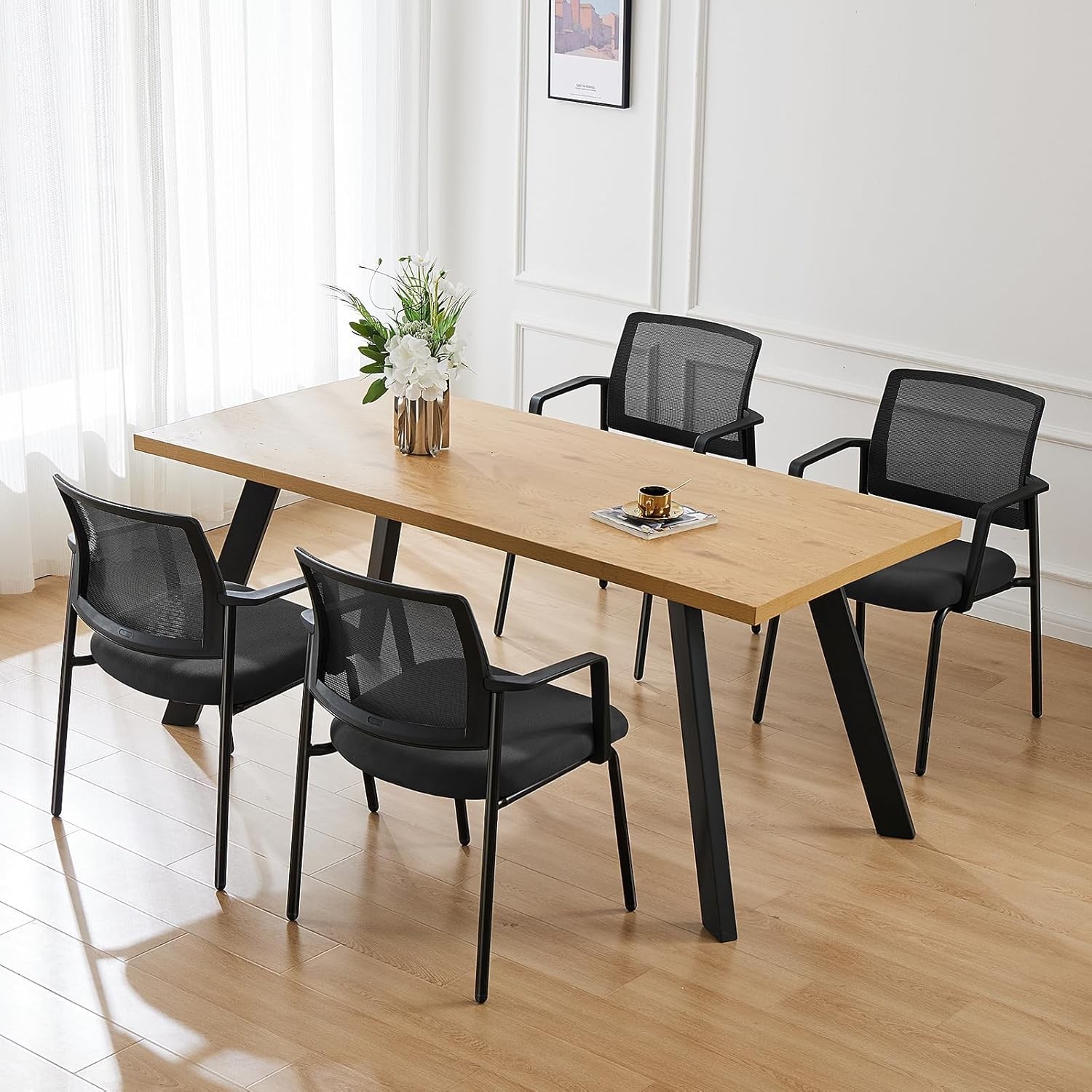 Black Stackable Arm Chairs W/ Mesh Back & Upholstered Fabric Sturdy Metal Frame