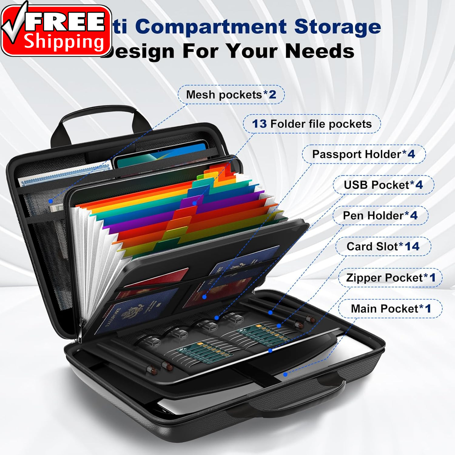 Fireproof Document Box, Hard Case Fireproof File Organizer with Lock and 13 Pock