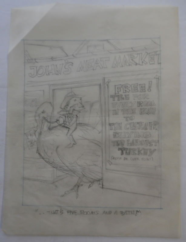 AL KILGORE pencil drawing 8x10 FLOOR COVERING WEEKLY Thanksgiving Cartoon AKd274