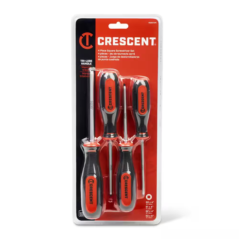 Square Drive Screwdriver Set with Dual Material Tri-Lobe Handles (4-Piece)