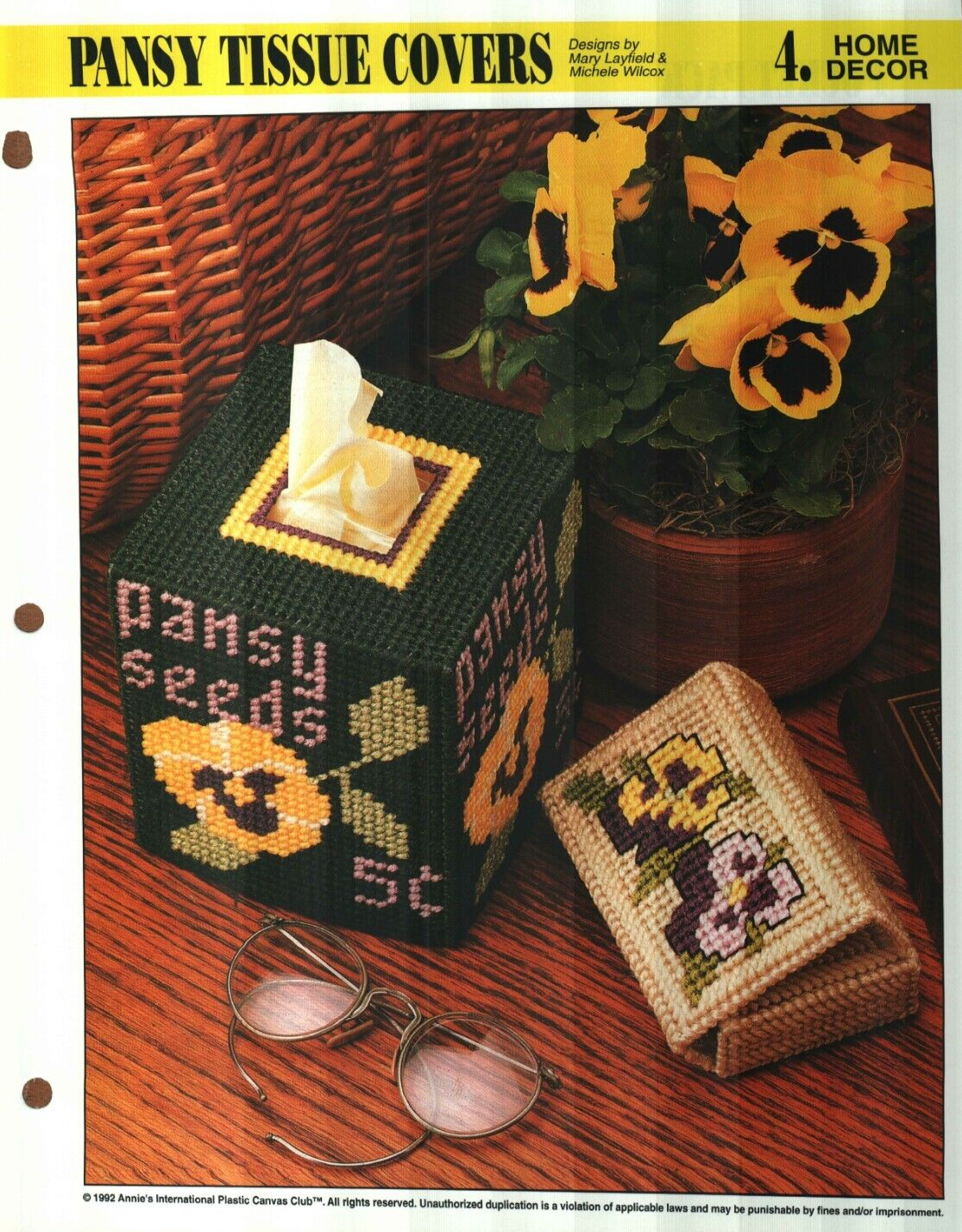 NEW PANSY TISSUE COVERS HOME DECOR ANNIE'S PLASTIC CANVAS PATTERN INSTRUCTIONS