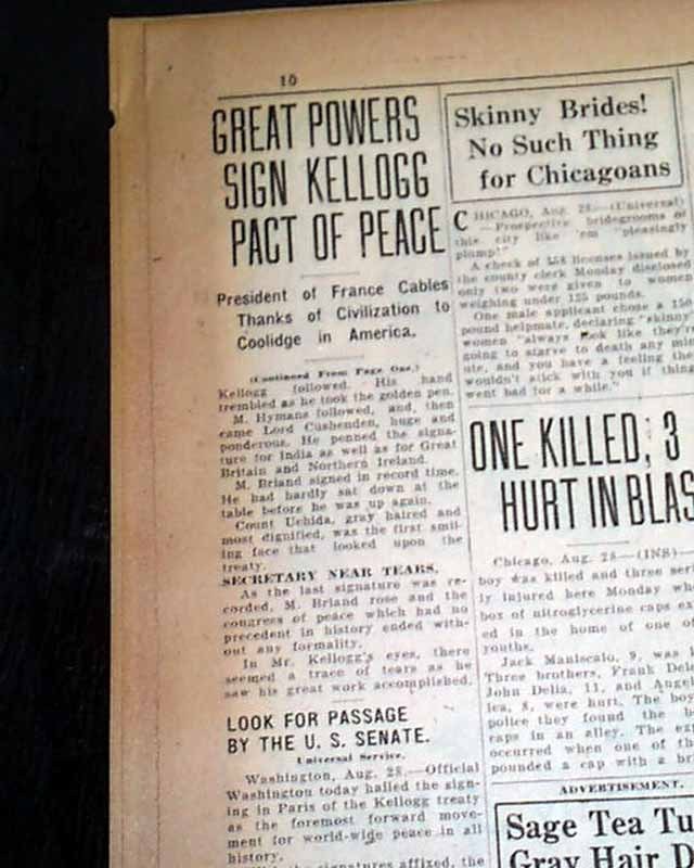 KELLOGG-BRIAND PACT Of Paris International Aggreement SIGINING 1928 Newspaper