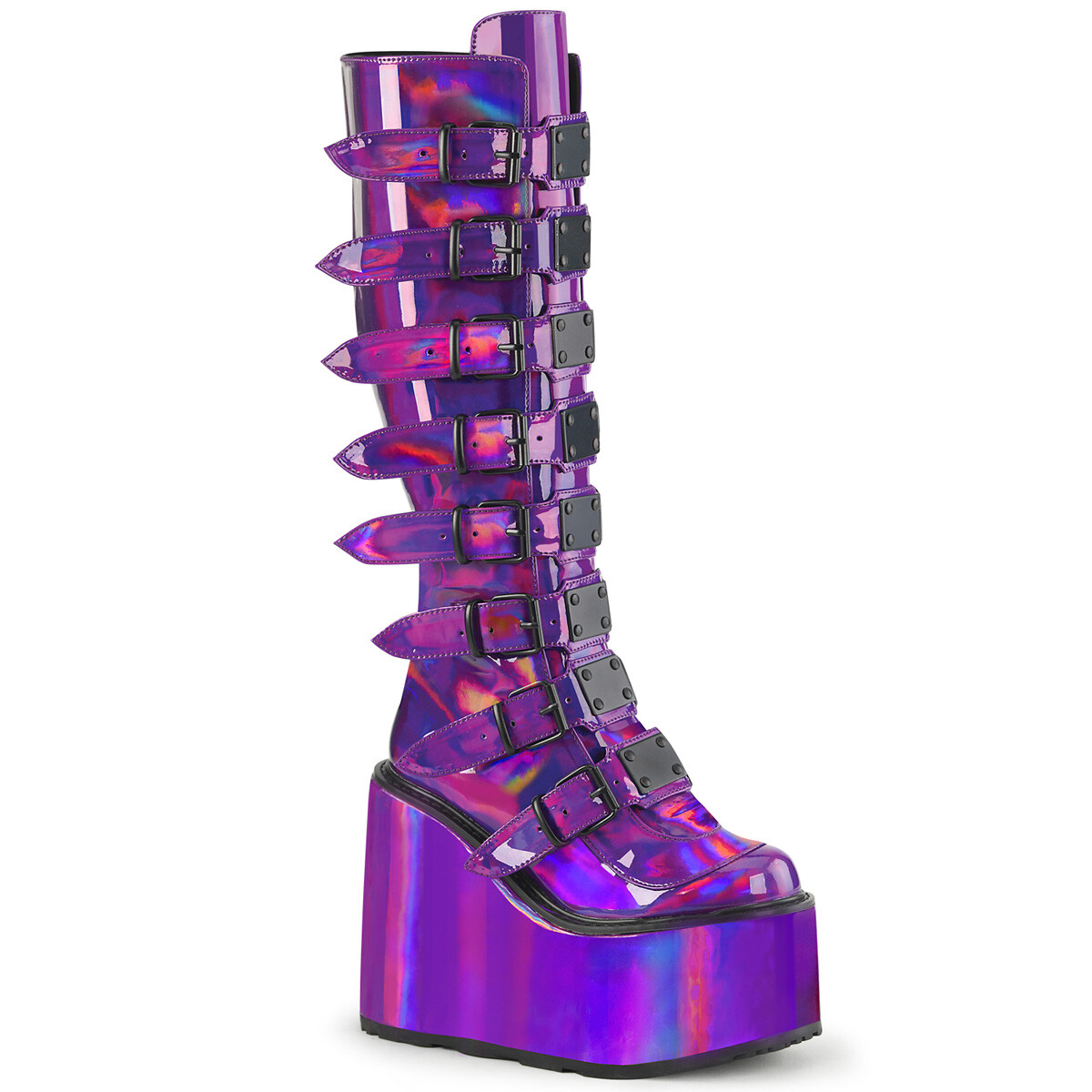 DEMONIA SWING-815 Wedge Platform Goth Purple Holographic Women Knee High Boots