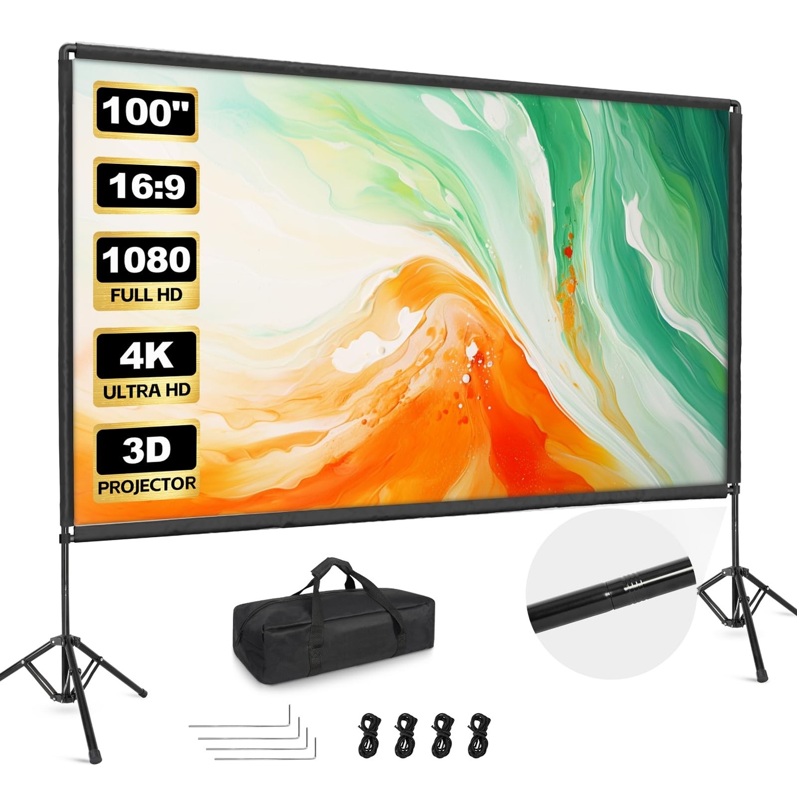Projector Screen with Stand, 100 inch Portable Projector Screen Stand with El...