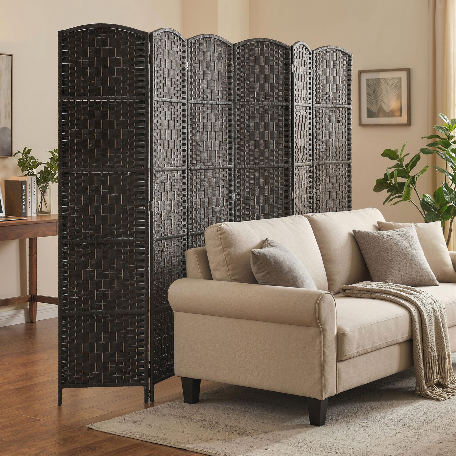 6 Panel Folding Privacy Screen, 6FT Partition Wall Divider, Coffee