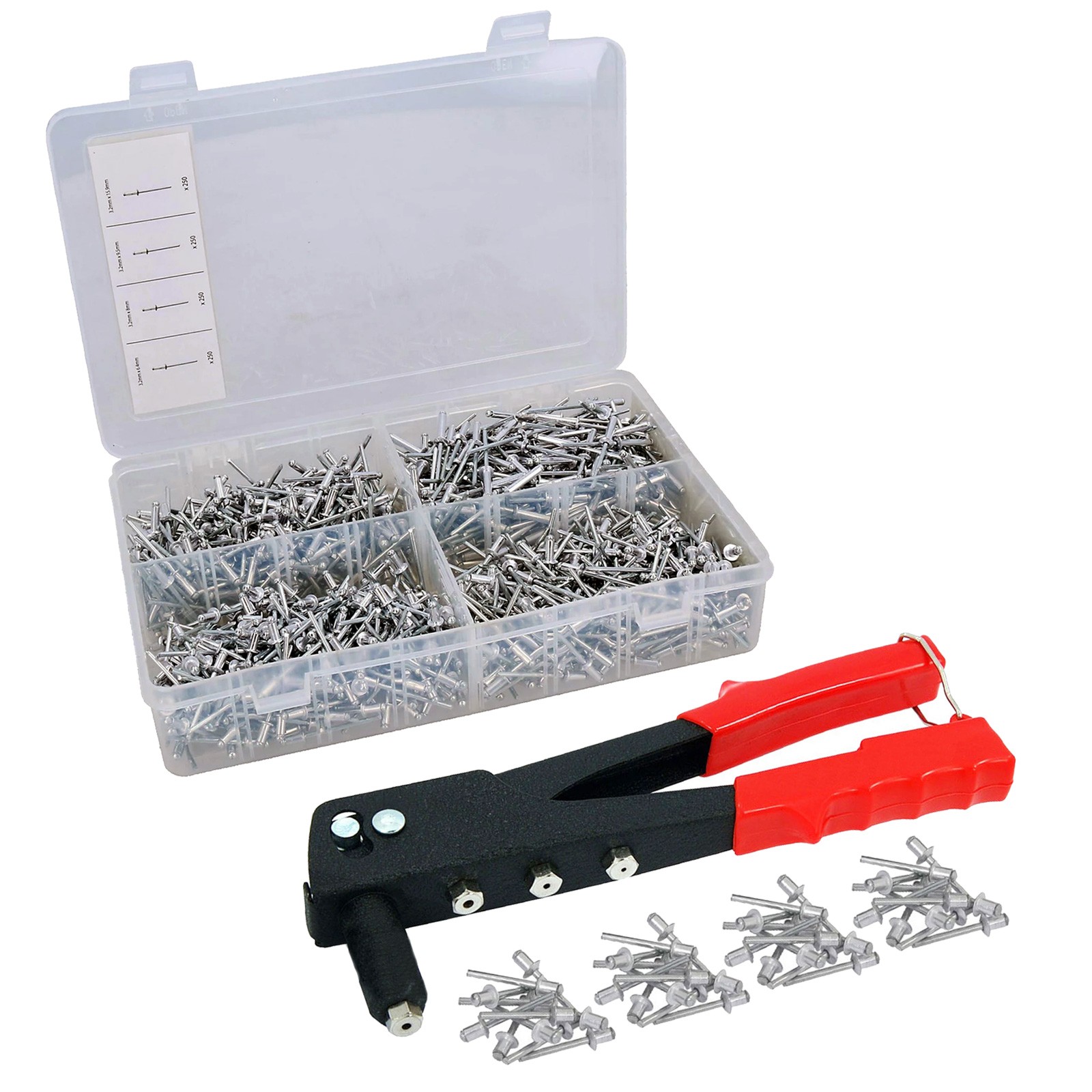 Heavy Duty Hand Riveter Pop Rivet Gun c/w 4 Nozzle Heads & 1000 Assorted Rivets