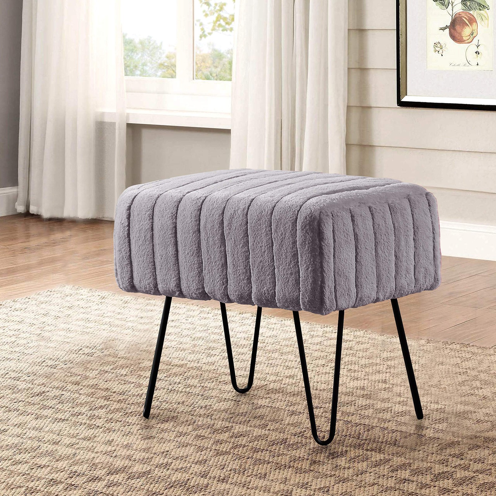 Super Mink Faux Fur Gray Ottoman Bench 19" x 13" x 17", Charcoal, Living Room...
