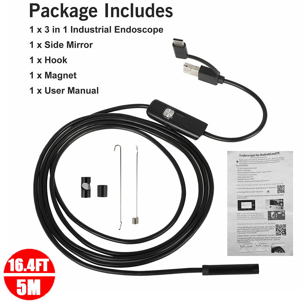 16.4FT Borescope Endoscope Camera 7mm USB Type-C Camera For Phone Waterproof