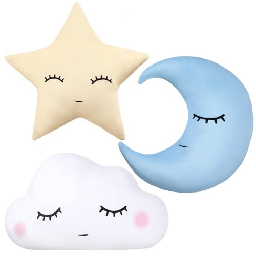 3 Pcs Moon Star Cloud Plush Pillows Soft Stuffed Nursery Blue, White, Yellow