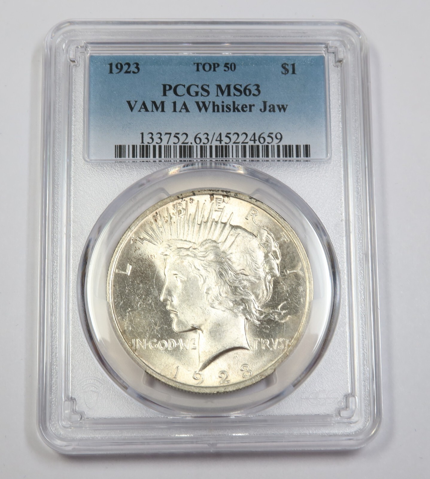 1923 P PCGS MS63 TOP 50 | VAM 1A Whisker Jaw Silver Peace Dollar - $1 US #39811A