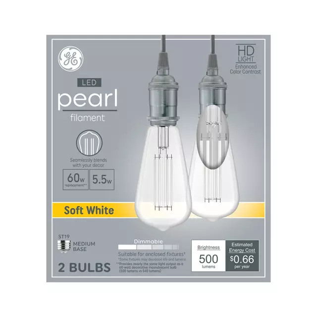 GE Pearl 60w Repl 5.5w LED Filament BulbsST19 Medium Base Soft White 2-Pack