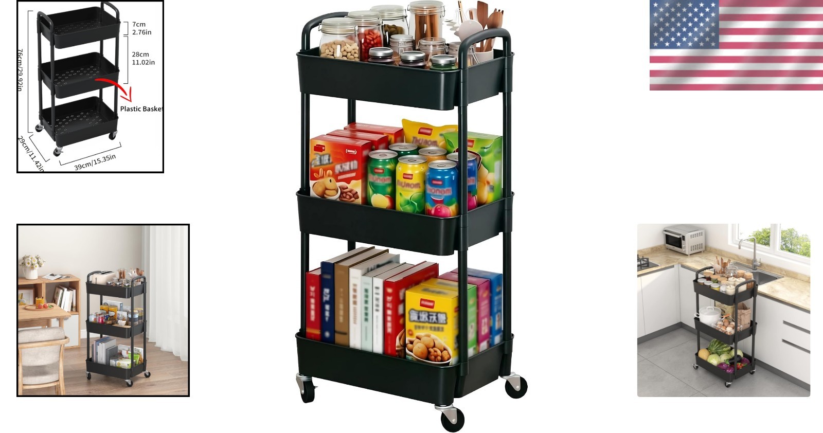 Sleek Mobile Organizer: 3-Tier Utility Cart with Easy Assembly & Locking Wheels