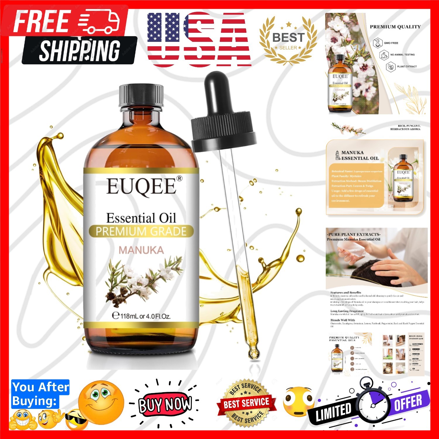 Manuka Essential Oil 118ml Large Capacity Pure Manuka Oil with Glass Dropper ...