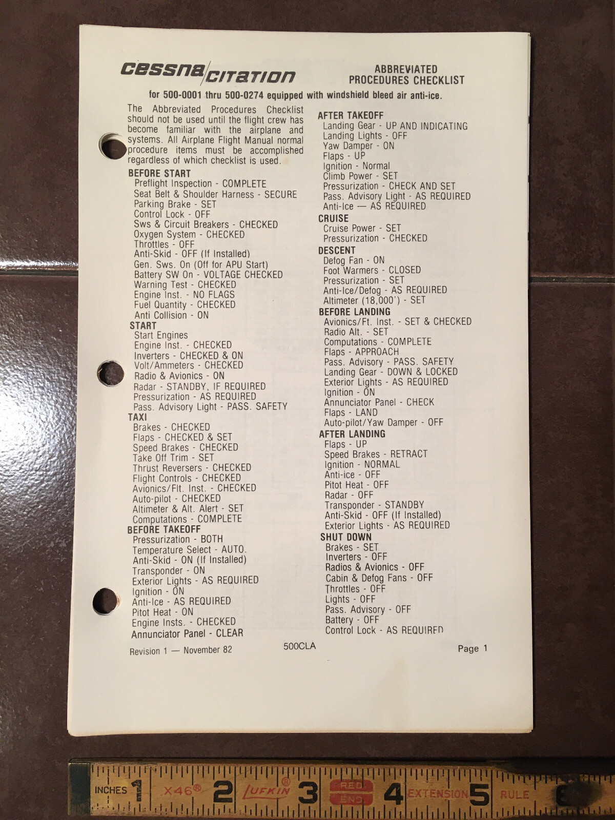 Cessna Citation 500-0001 thru 500-0274 Abbreviated Procedures Checklist