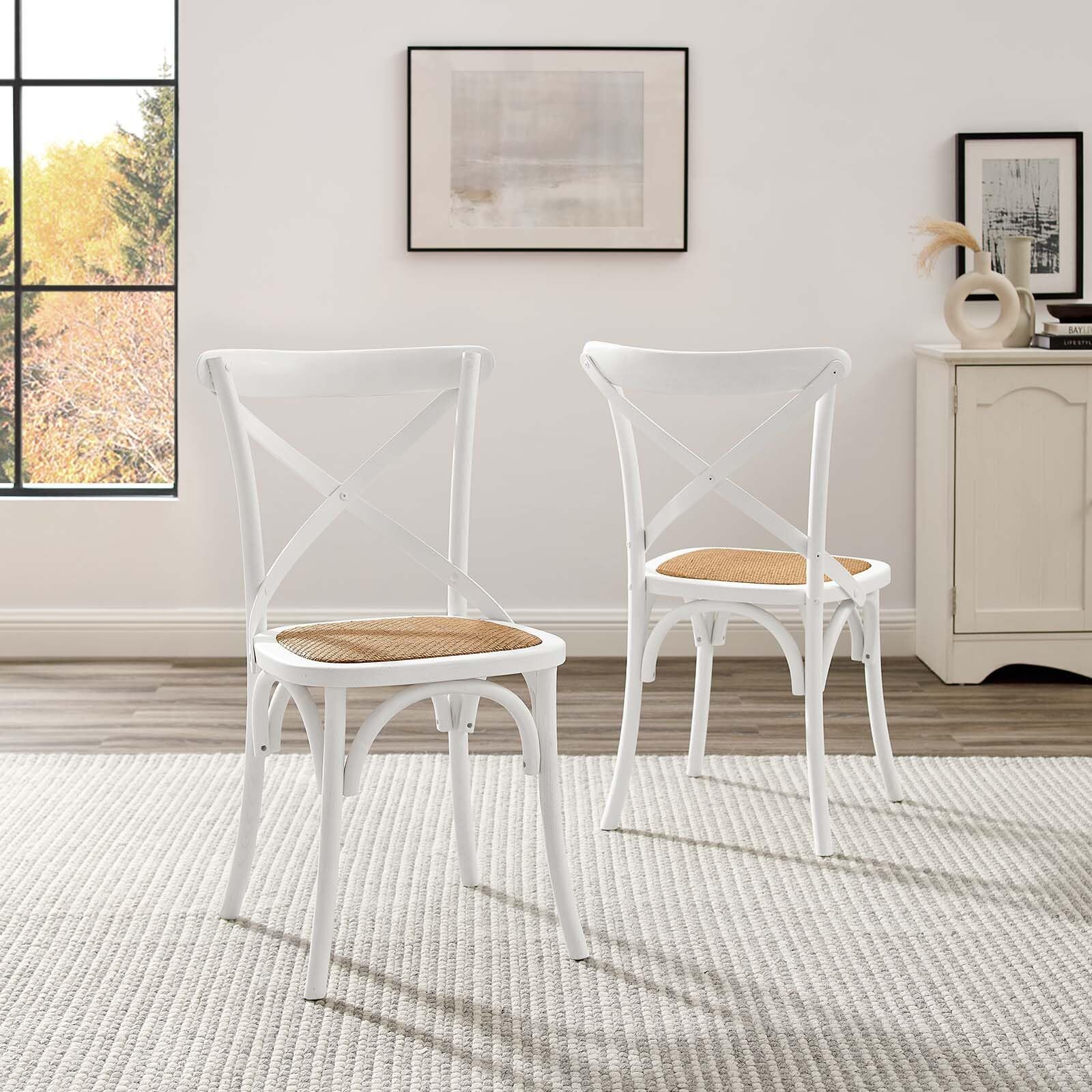 Modway Gear Rustic Modern Farmhouse Elm Wood Rattan Two Dining Chairs in White