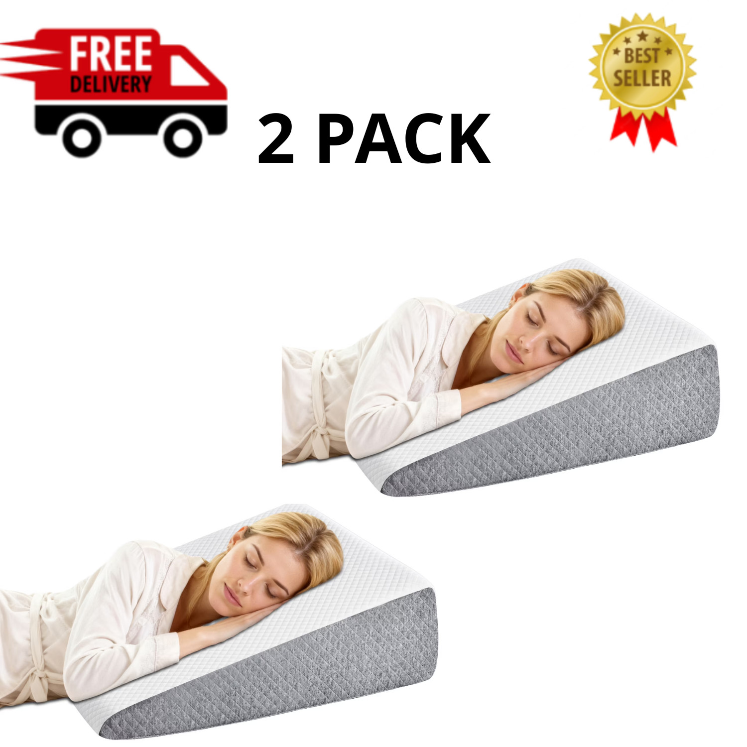 Memory Foam Wedge Pillow Acid Reflux Snoring Relief 23.6x23.6x7.5, 2 Pack