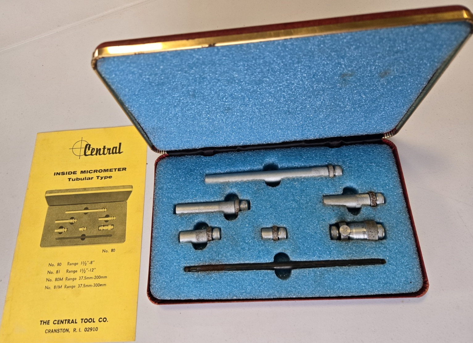 Central Tool Co. INSIDE MICROMETER Tubular Type Set No. 80 in Original Case