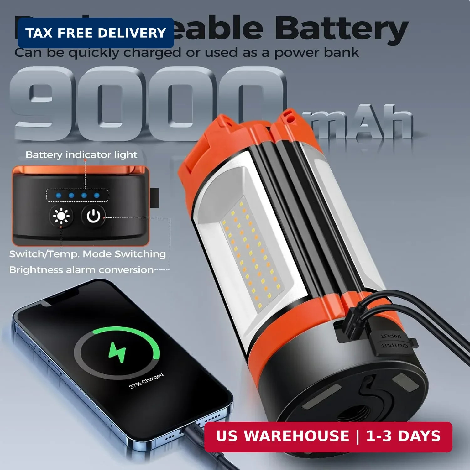 Rechargeable 12000mAh Camping Light with Adjustable Stand, Cordless Work Light w