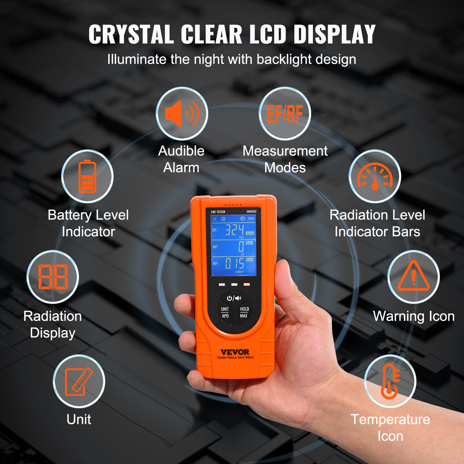 VEVOR Digital LCD 3-in-1 EMF Meter Electromagnetic Radiation Detector EF MF RF