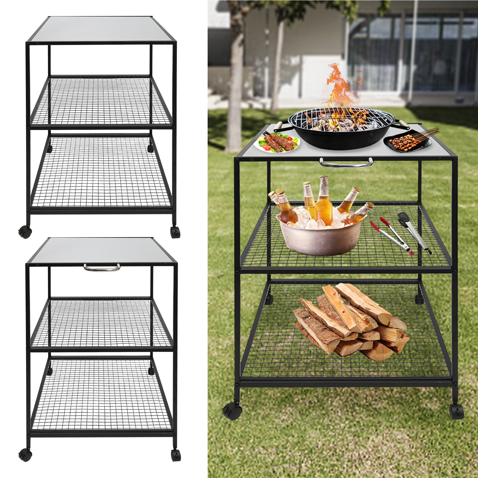 Outdoor Prep Dining Table Patio Movable Grill BBQ Cart Stainless Steel Picnic