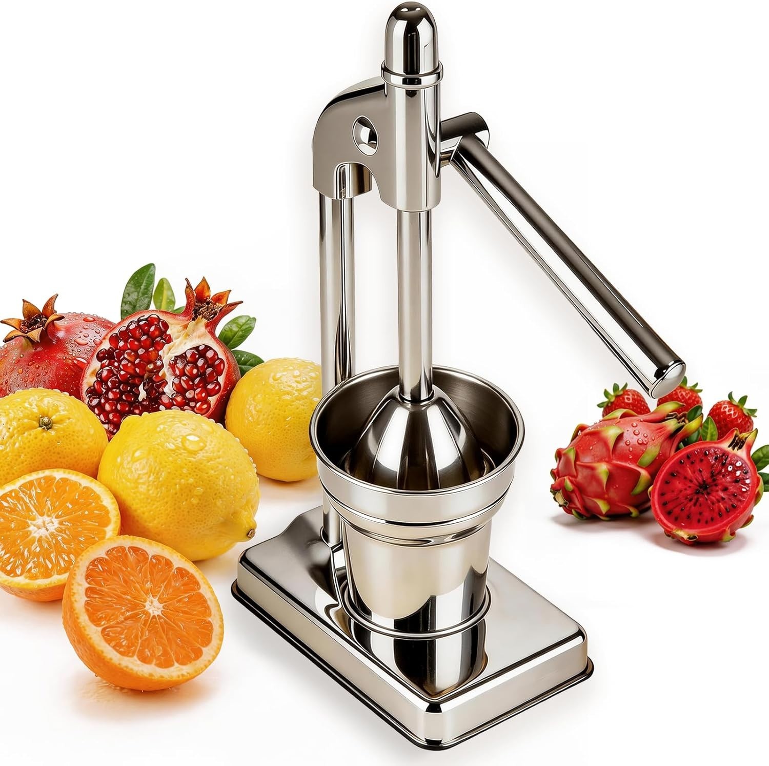 Stainless Steel Lemon Press Squeezer with Widened Base, Splash GuardStainless