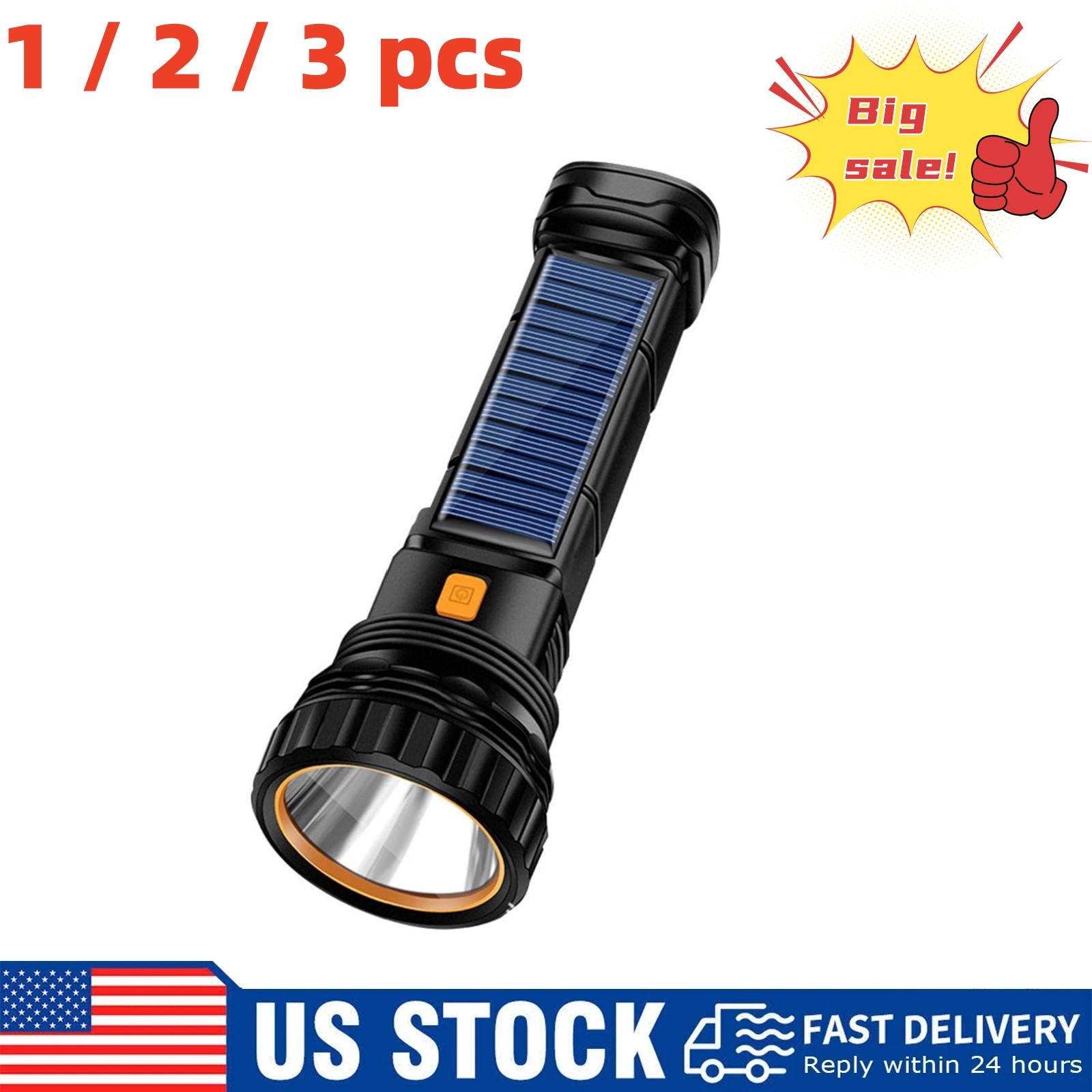 1/2/3 pcs Solar Rechargeable Multi Function 1000 Lumens LED Flashlight US Stock