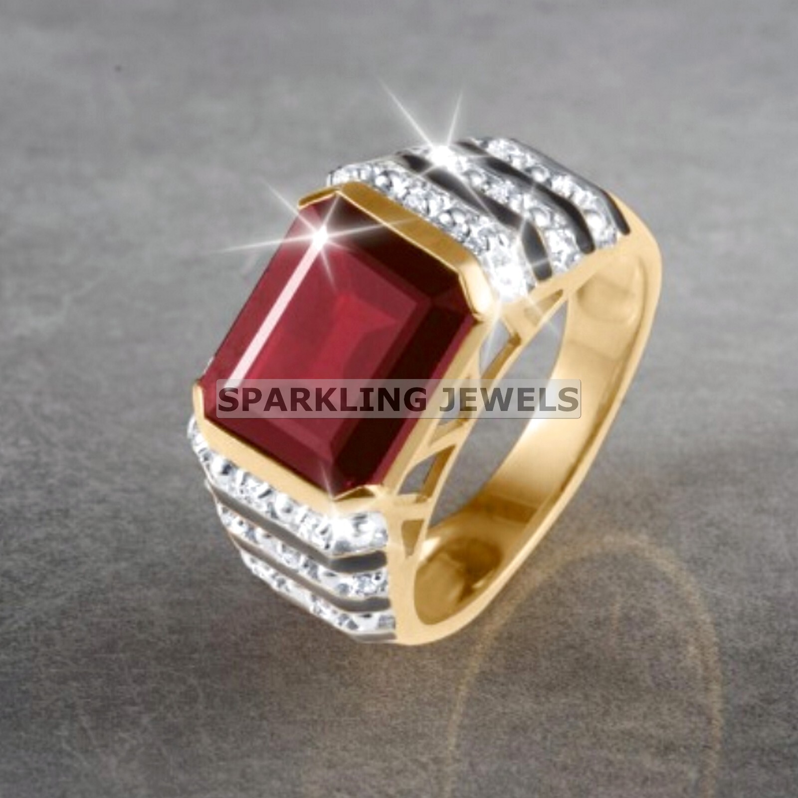 VVS Garnet Emerald Cut With 925 Silver Gold Plated Ring For Men #C200