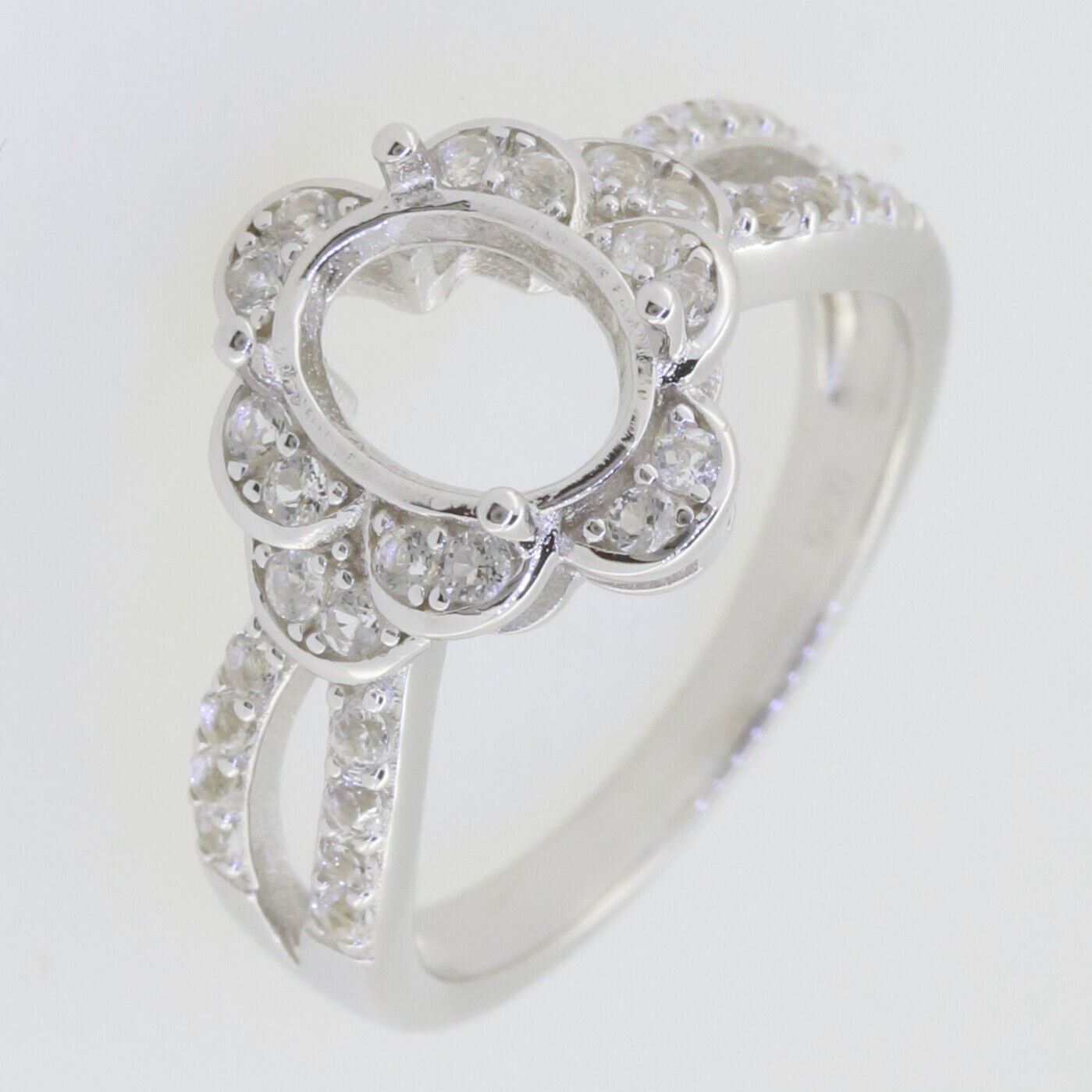 Sterling Silver Semi Mount Ring Setting Oval OV 9x7mm Halo Split Shank