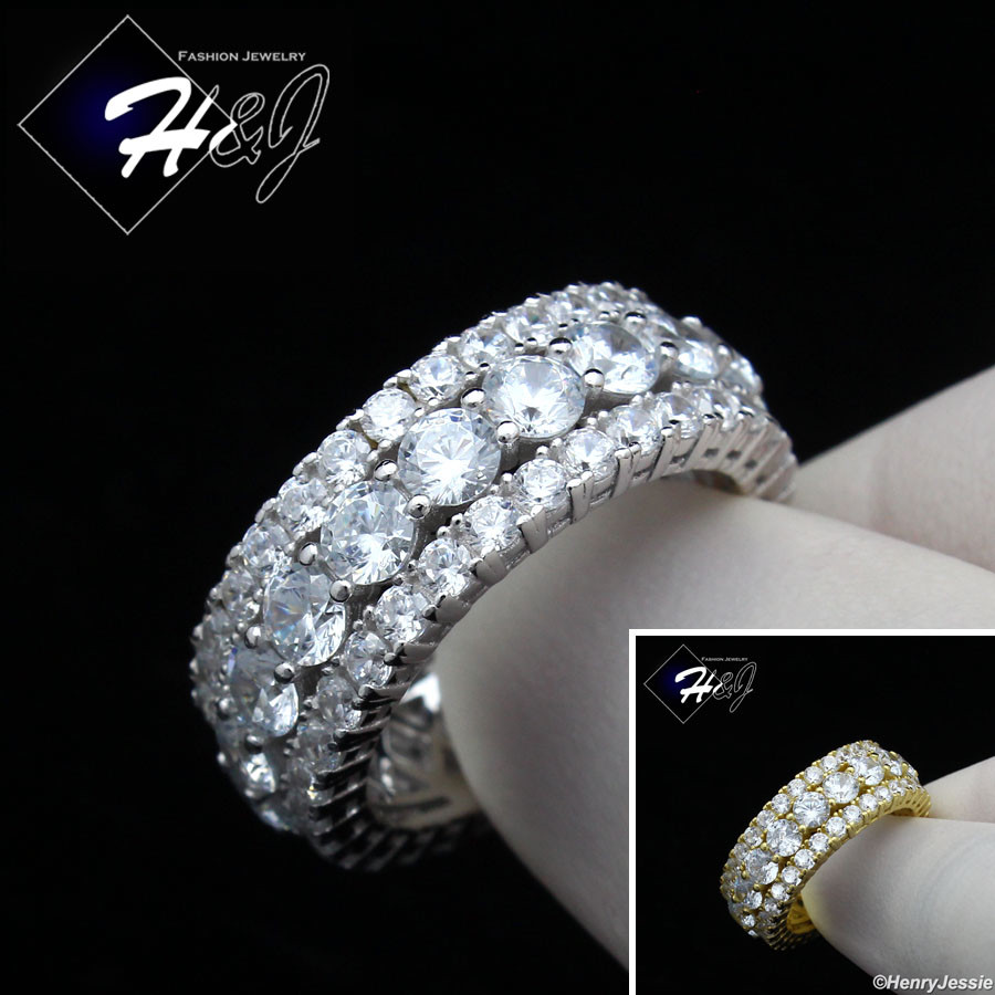 925 STERLING SILVER FULL ICY BLING CZ 9MM GOLD PLATED/SILVER WEDDING RING*R105