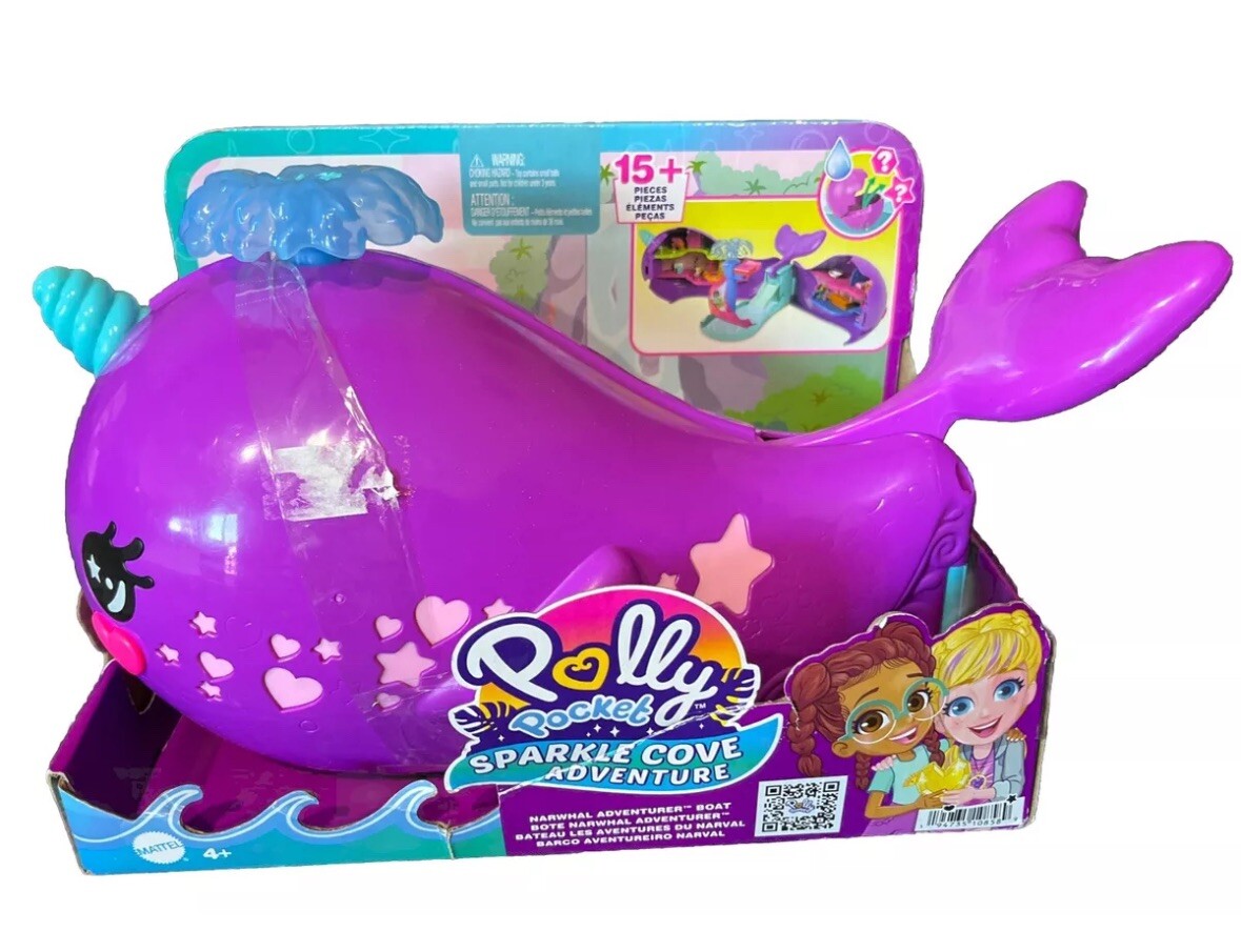 Polly Pocket Sparkle Cove Adventure Narwhal Adventurer Boat Playset with 15+ Pcs