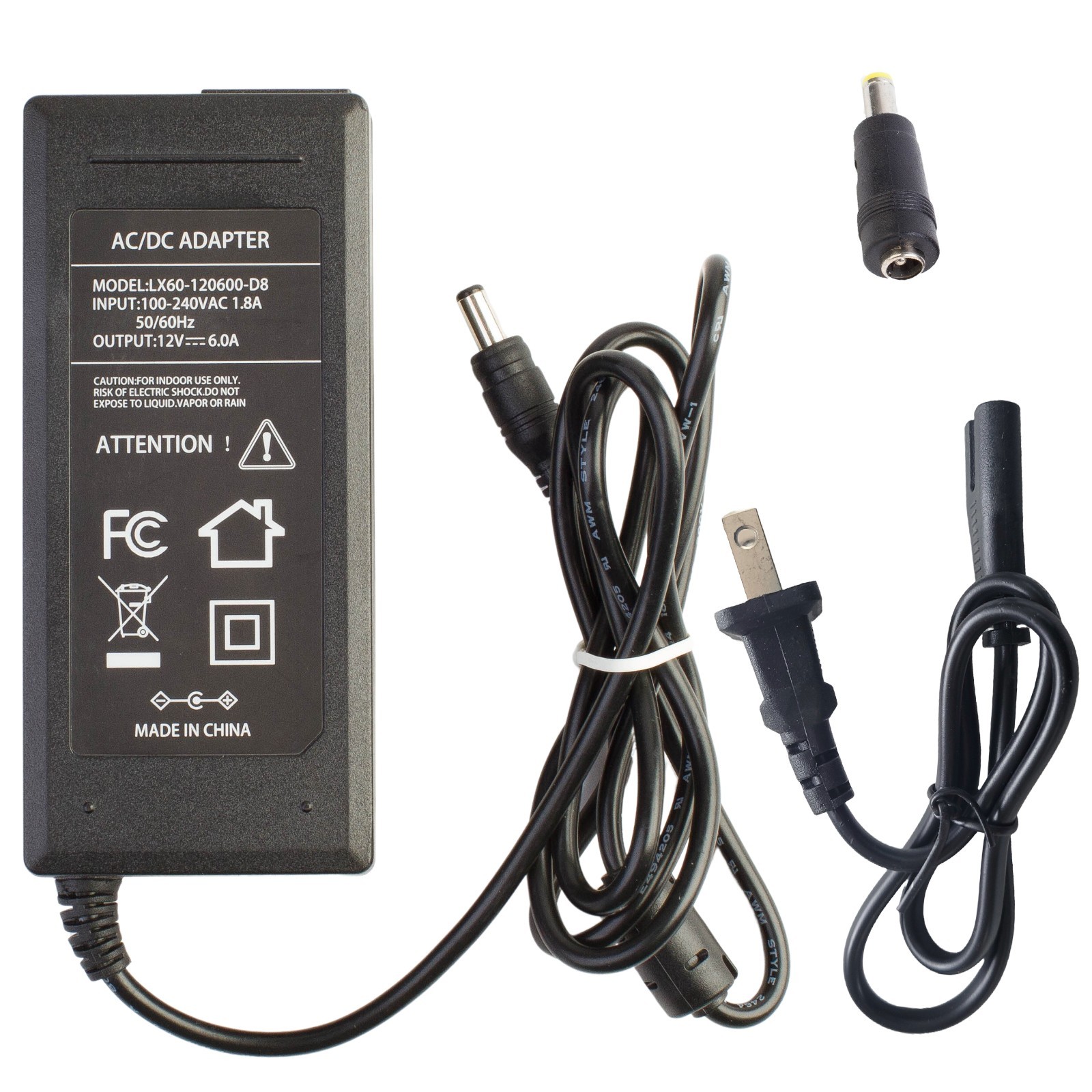 12v 6A Power Supply Adapter 72w AC 100 to DC 12v 5.5 x 2.1mm plug + 5.5x2.5mm
