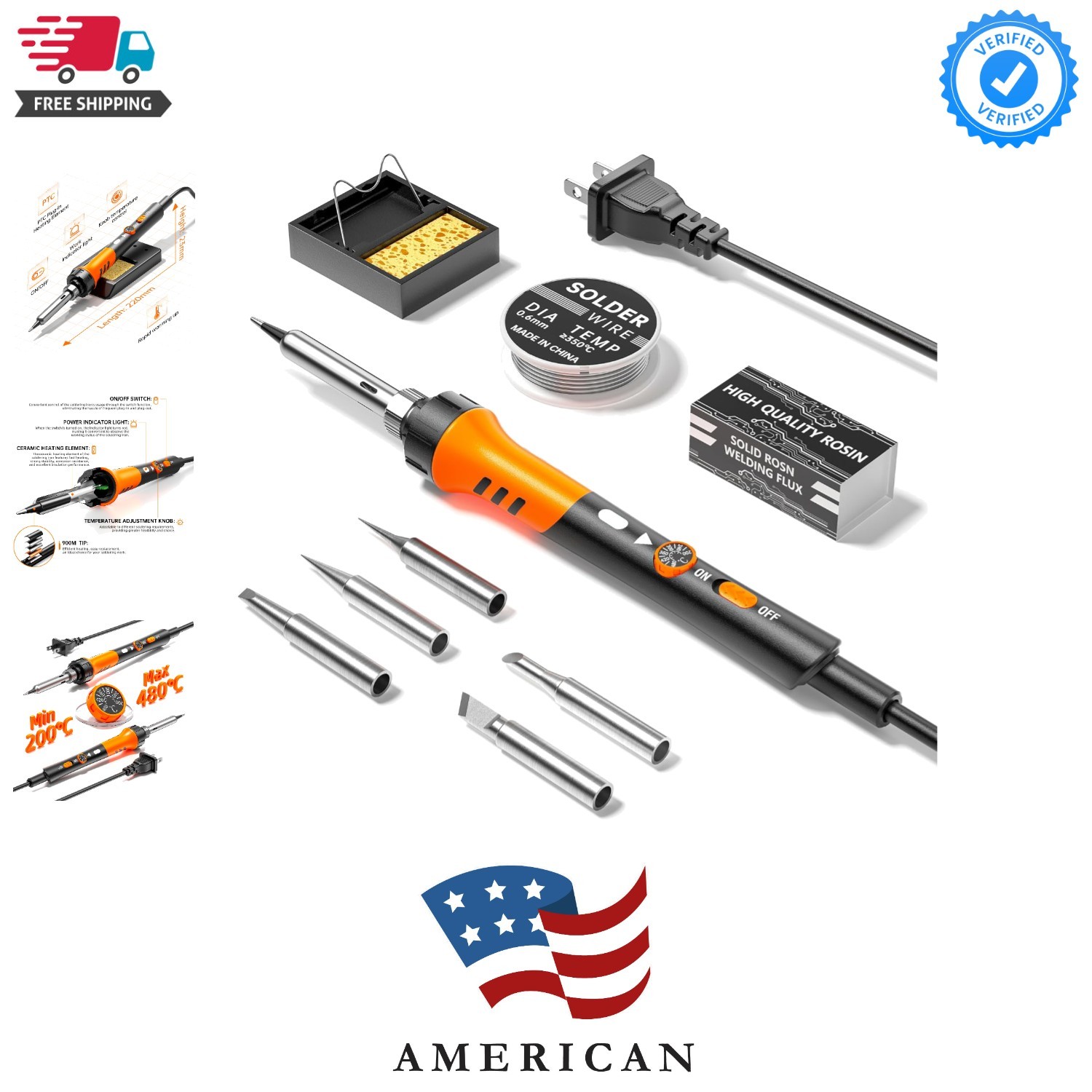 60W Adjustable Temperature Soldering Iron Kit - 9-in-1 With 5 Tips, Solder Wi...