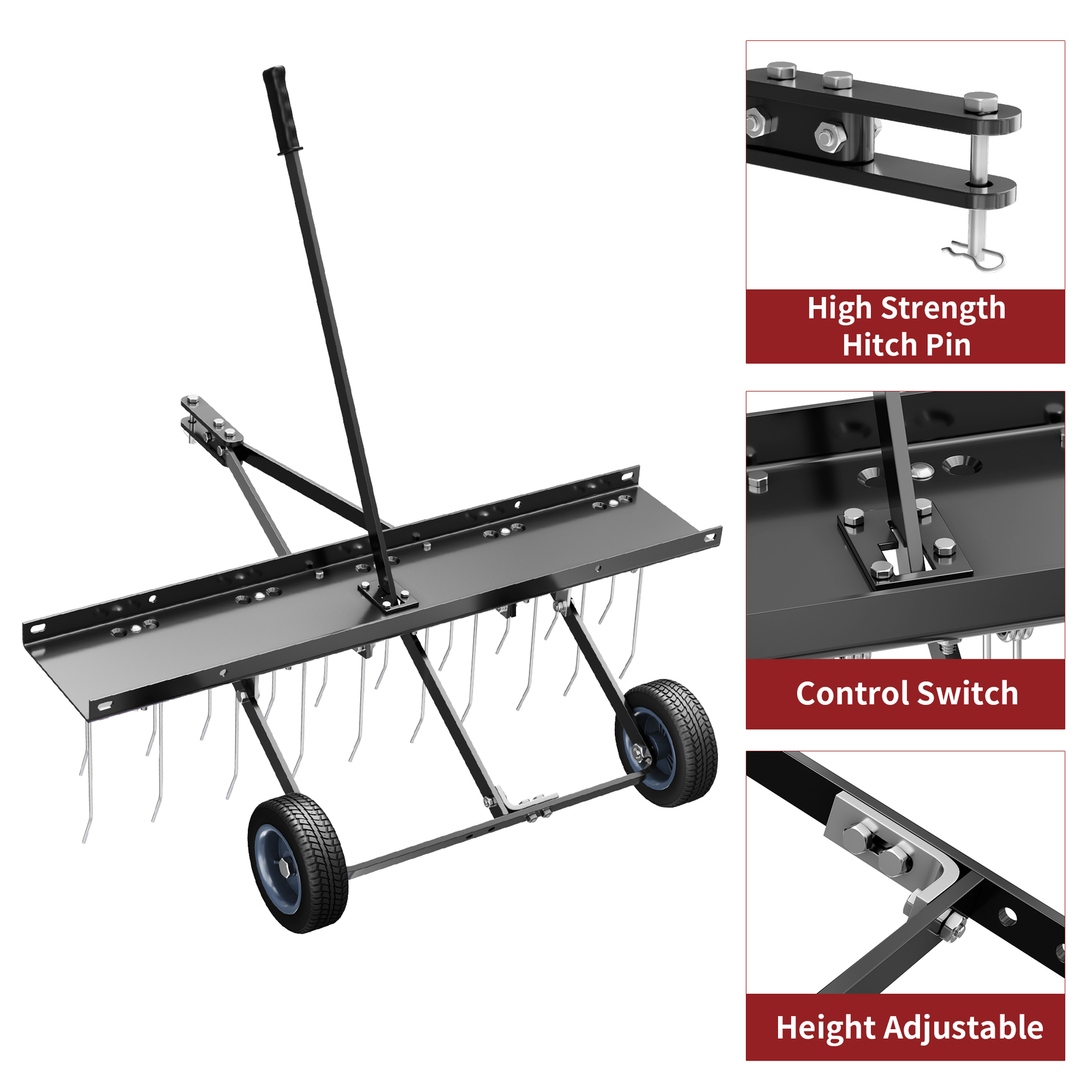 40" Dethatcher Tow Behind Lawn rake Sweeper W/ Transport Handle Rust-proof Black