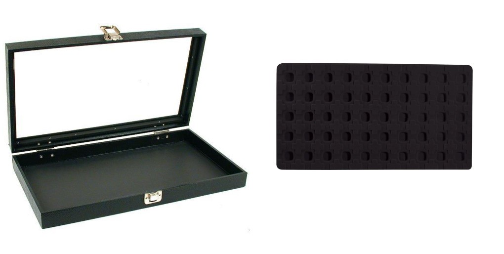 Glass Lid Jewelry Display Case 14 3/4" w/ Black 50 Slot Earring Tray Inserts