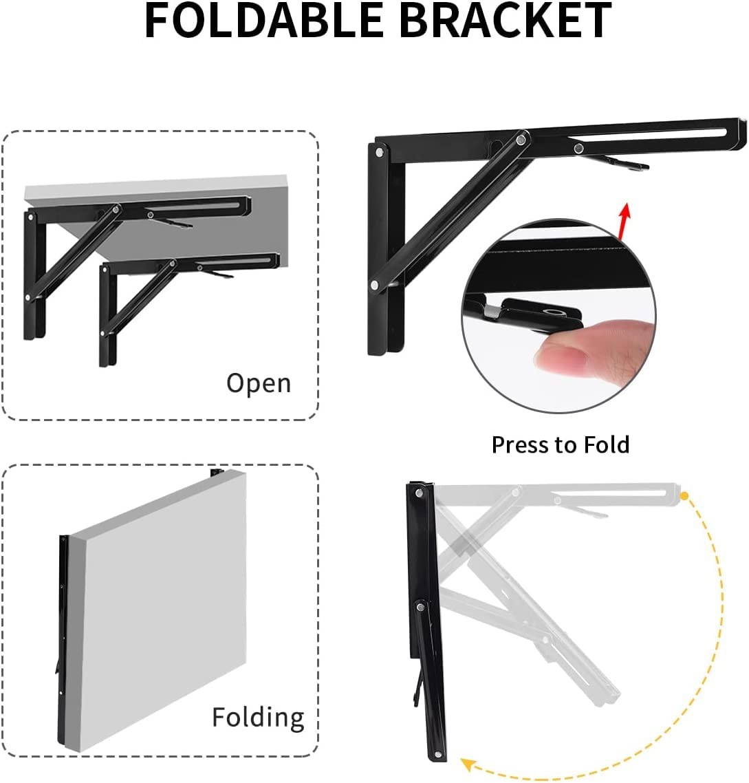 2 Pack 16 Inch Black Heavy Duty Collapsible Shelf Bracket L Bracket Hinge