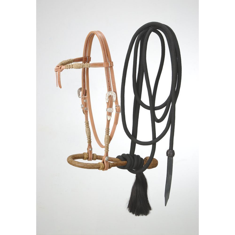 Western Natural Leather Brow-band Style Headstall with Bosal and Mecate Reins