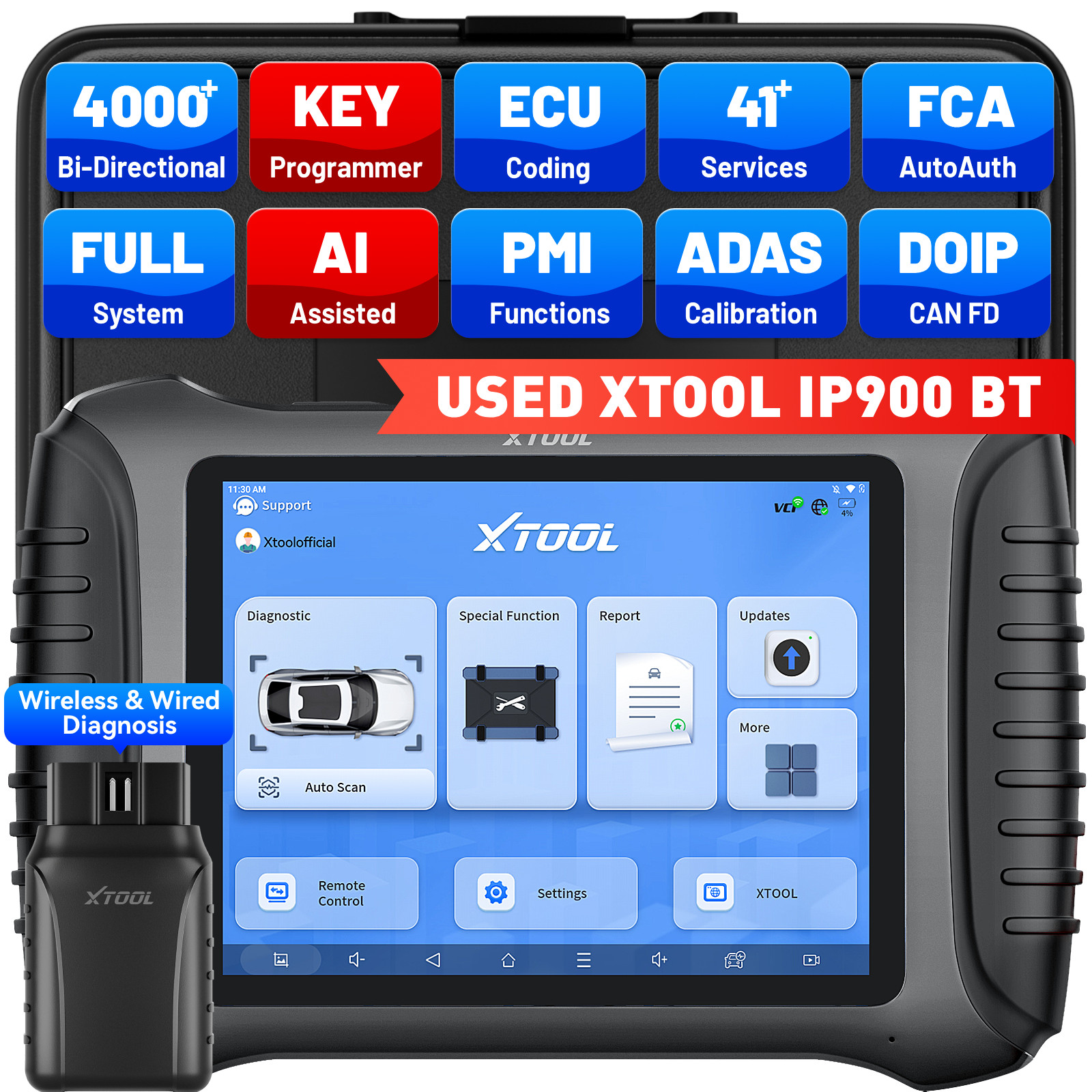 USED XTOOL IP900BT OBD2 Scanner AI-Assisted Wireless Diagnostic Tool Key Coding