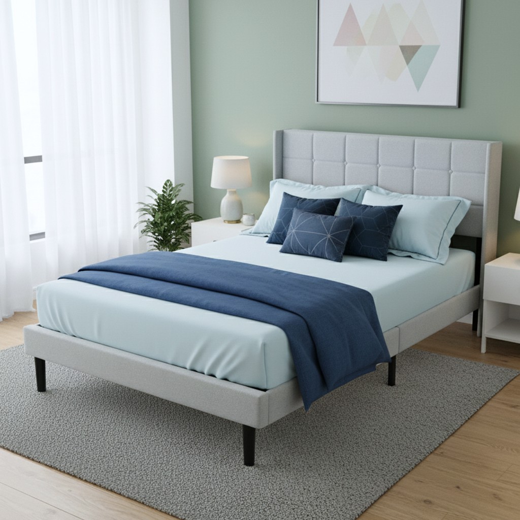 Full Size Platform Bed Frame with Upholstered Headboard, Light Gray