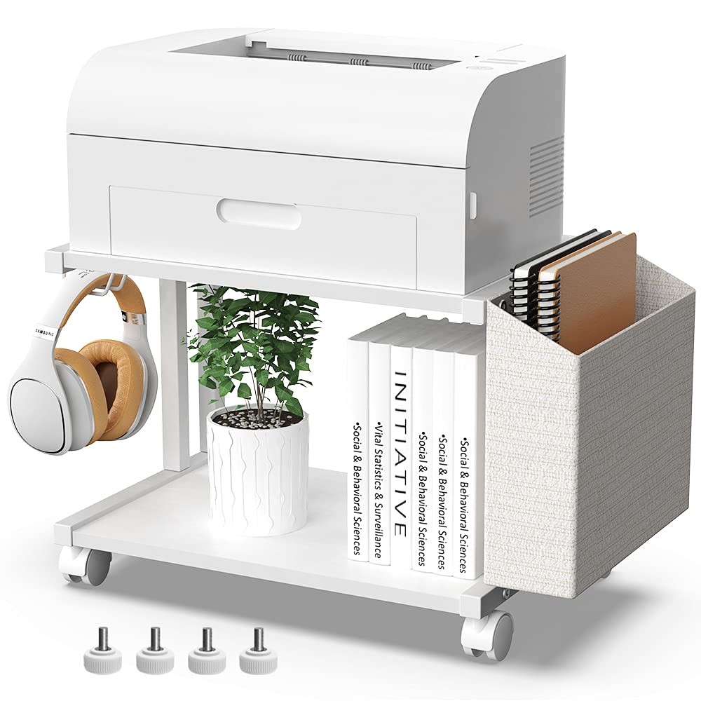 2 Tier Modern White Wooden Under Desk Printer Stand with Storage Bag for Home...