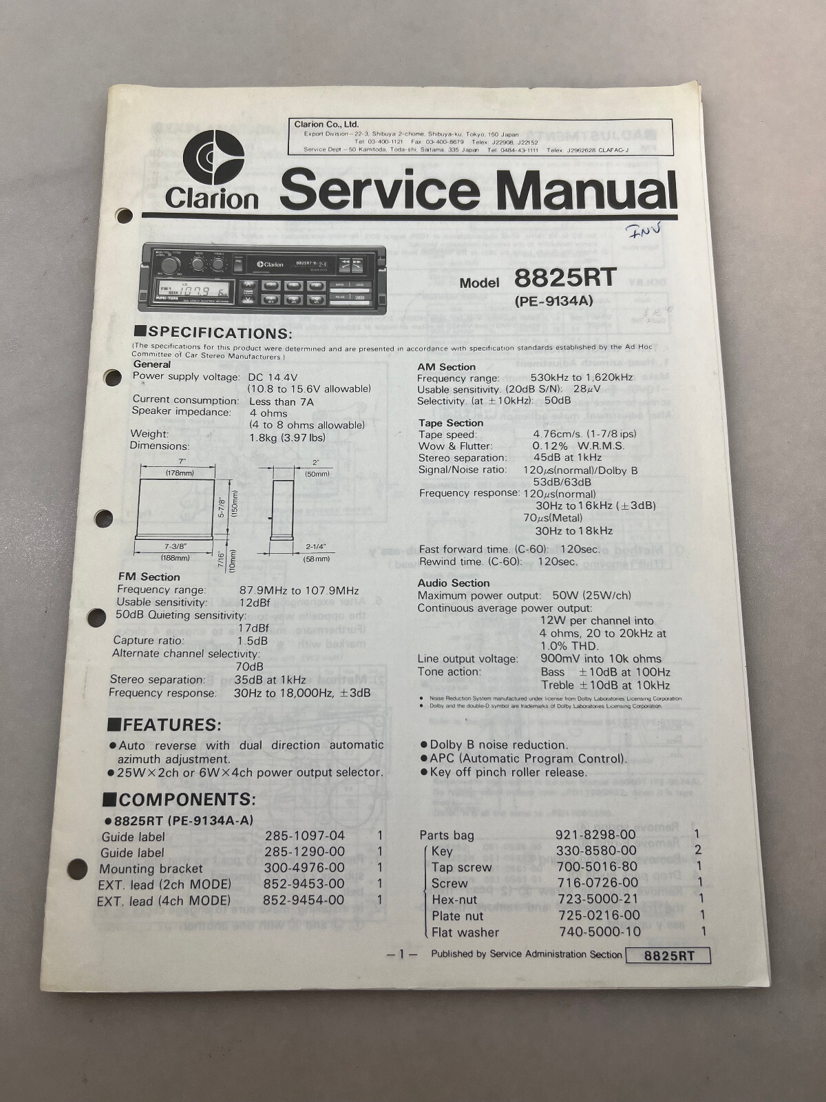 Clarion 8825RT Original Service Manual Free Shipping