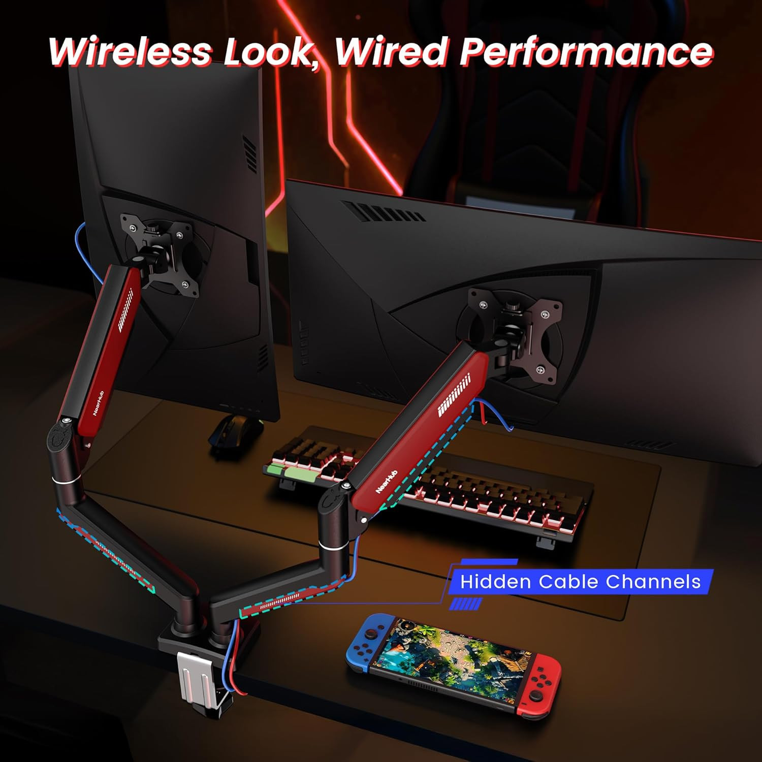 Red Dual Monitor Mount for 13-32" Screens, 360° Rotation, VESA Compatible