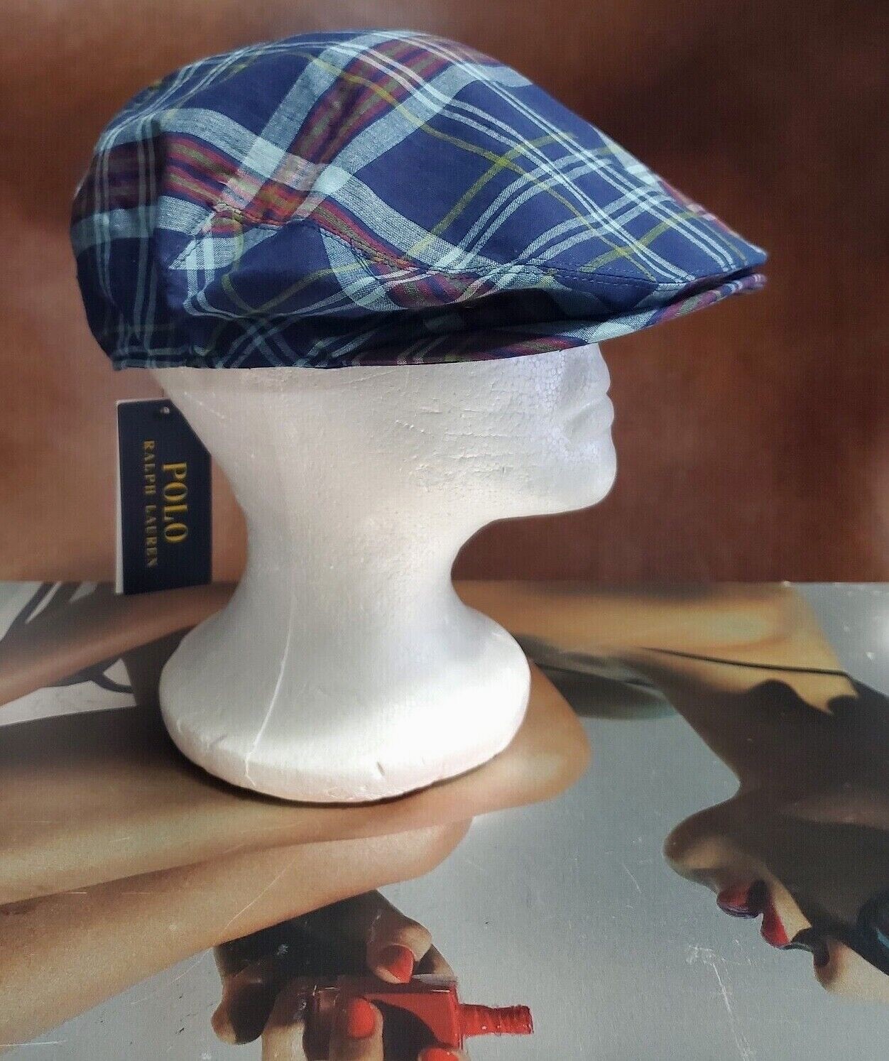 POLO RALPH LAUREN BLUE MADRAS PLAID COTTON MENS CABBIE/DRIVER HAT (SM, L/XL) NWT