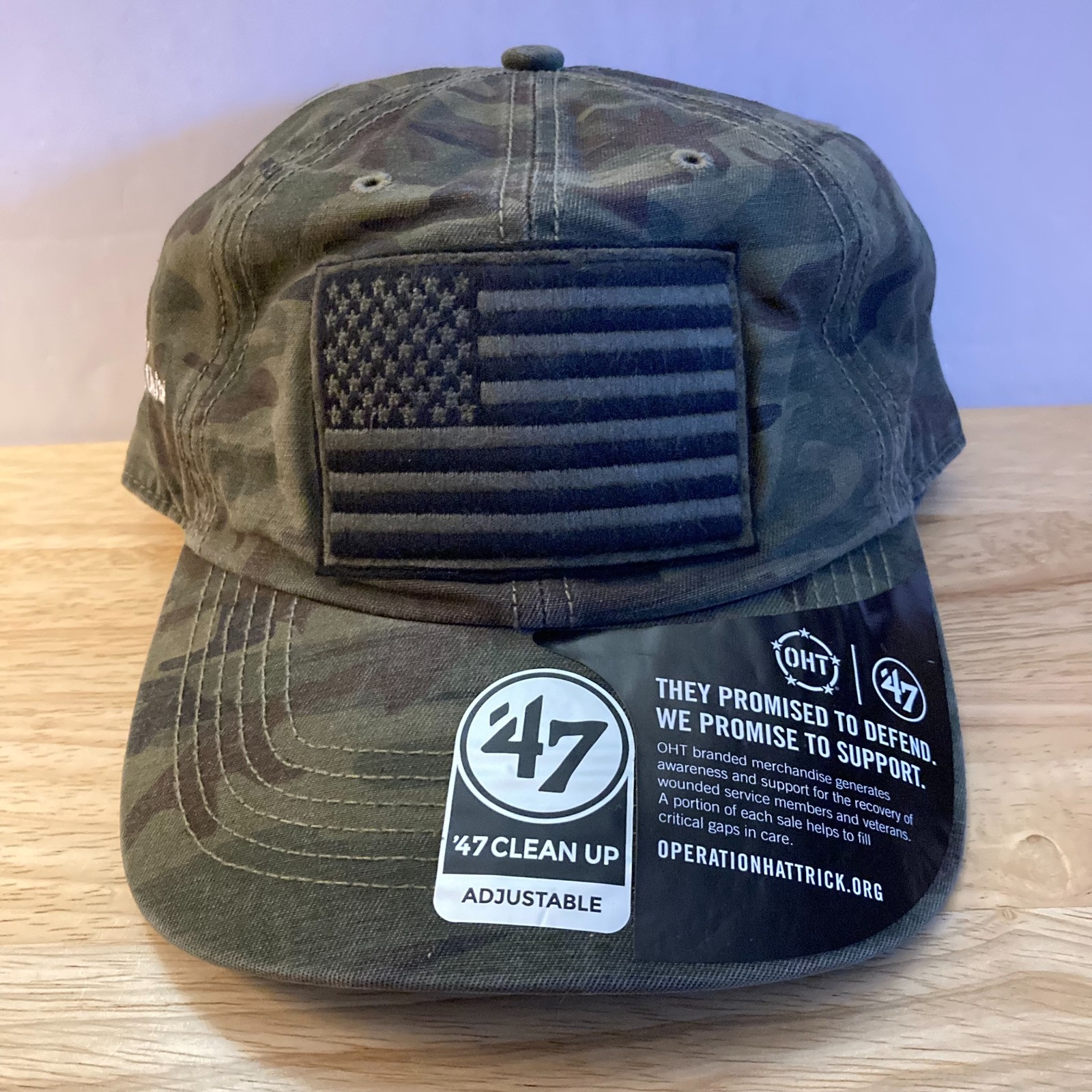 *NWT* OPERATION HAT TRICK '47 Brand "Clean Up" Camo USA FLAG LOGO Adjustable Hat