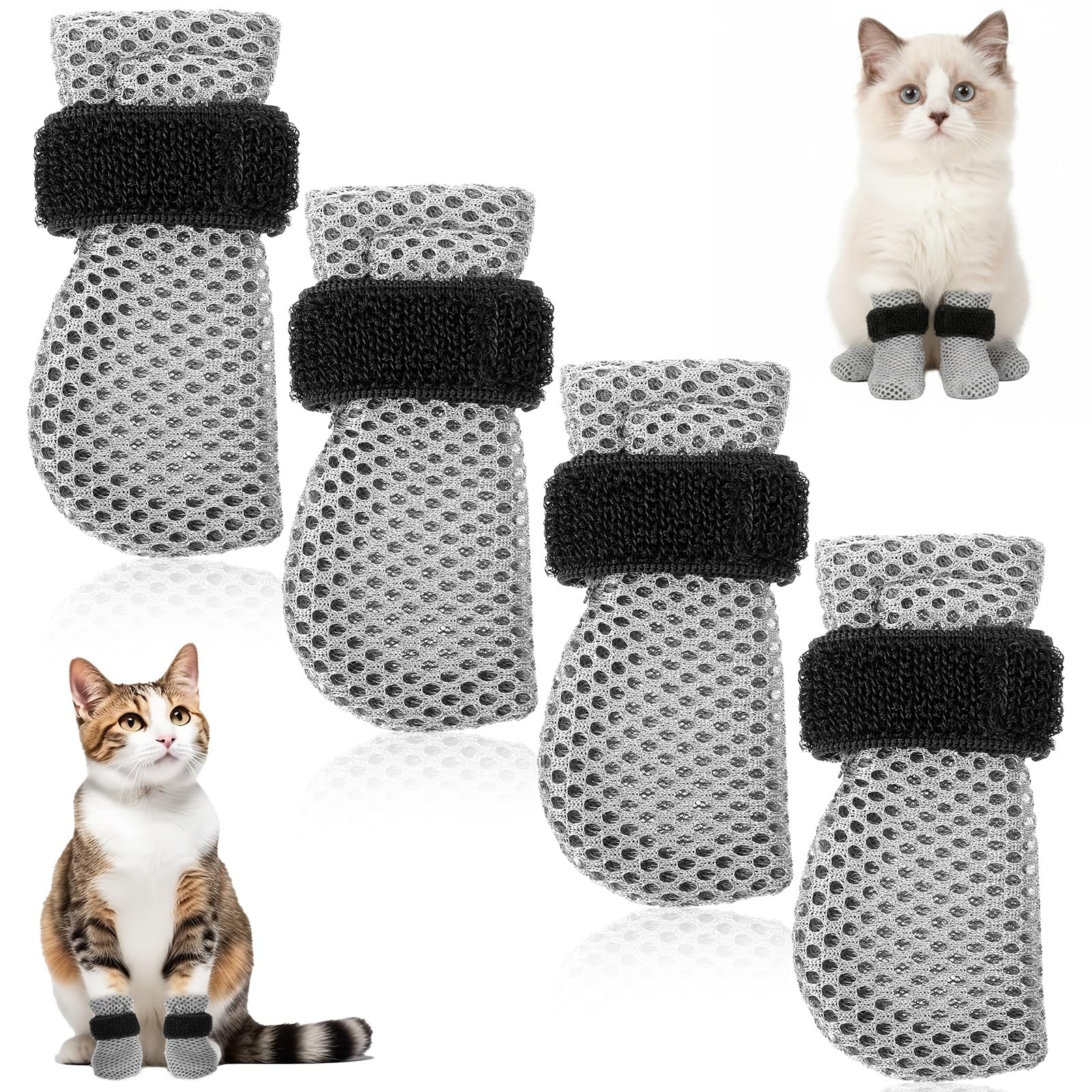 Qianyu 4 Pcs Cat Boots Anti Scratch Mittens Gloves Mesh Claw Gray