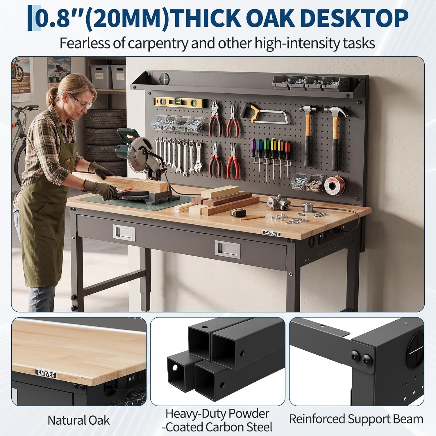 48"x 24"Workbench with Drawer,LED Light&Back Panel,6-Level Adjustable Height