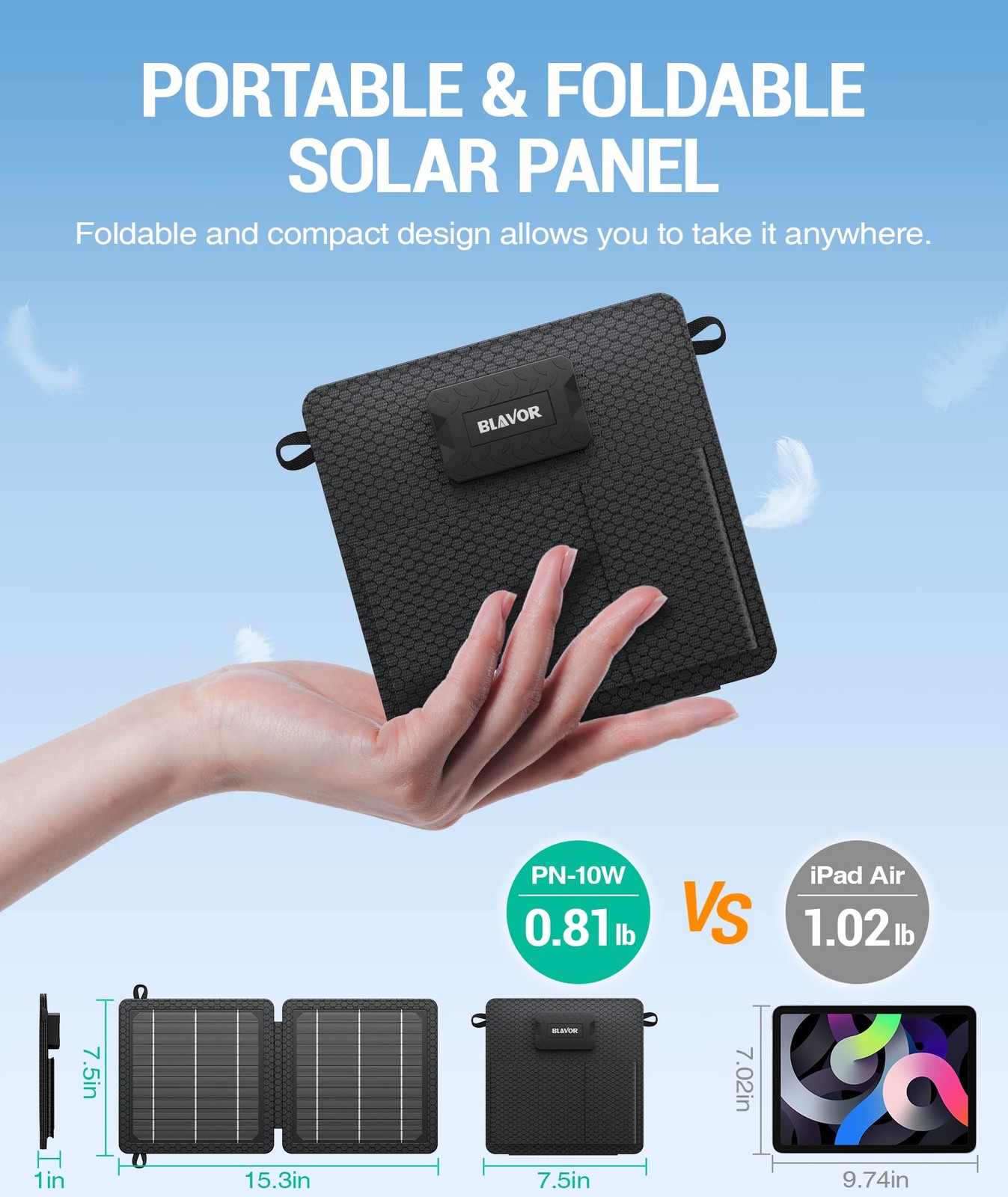 BLAVOR 10W Portable Solar Charger, Foldable Solar Panel with USB, 24% Efficiency