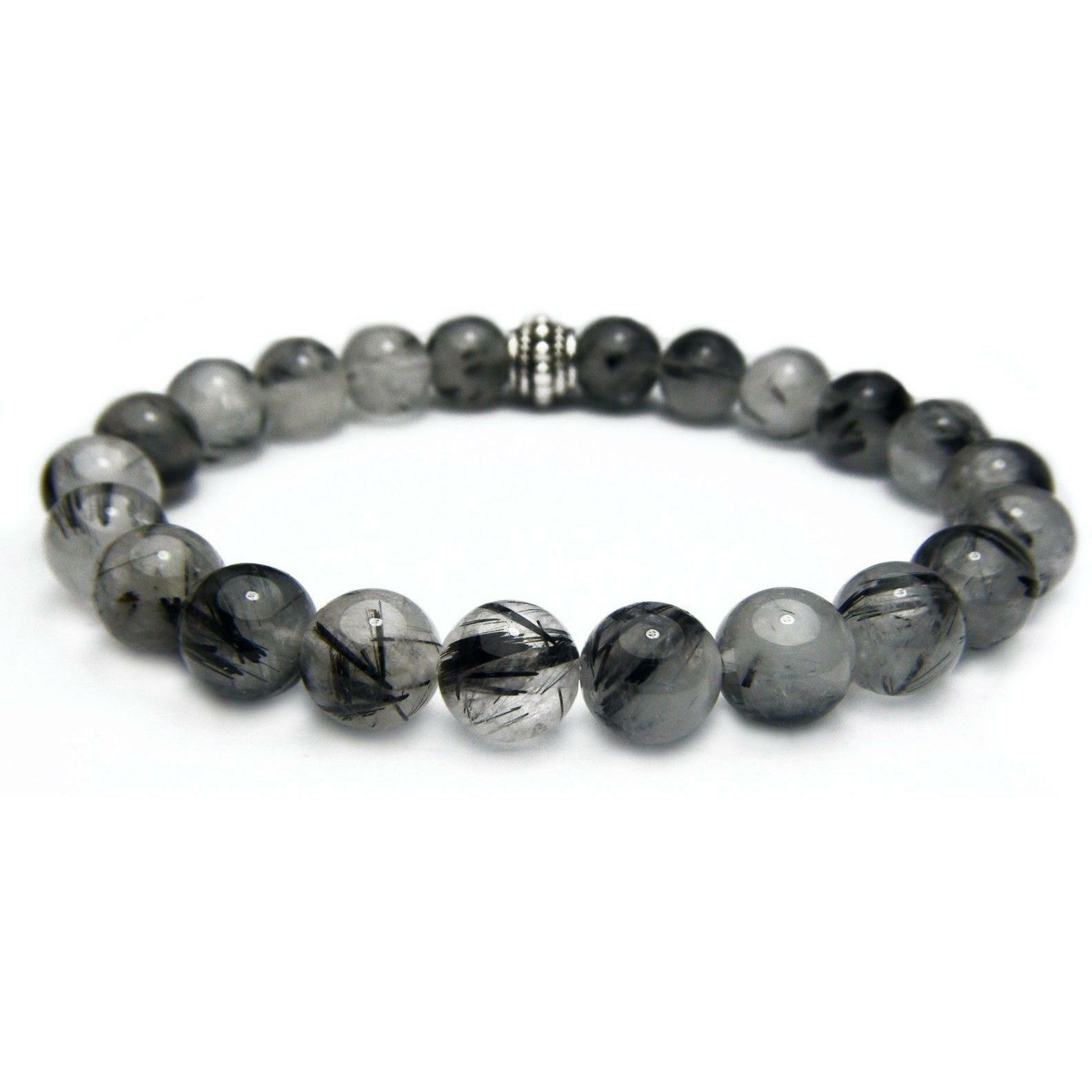 Tourmalinated Quartz 8mm Round Crystal Bead Bracelet with Description Card