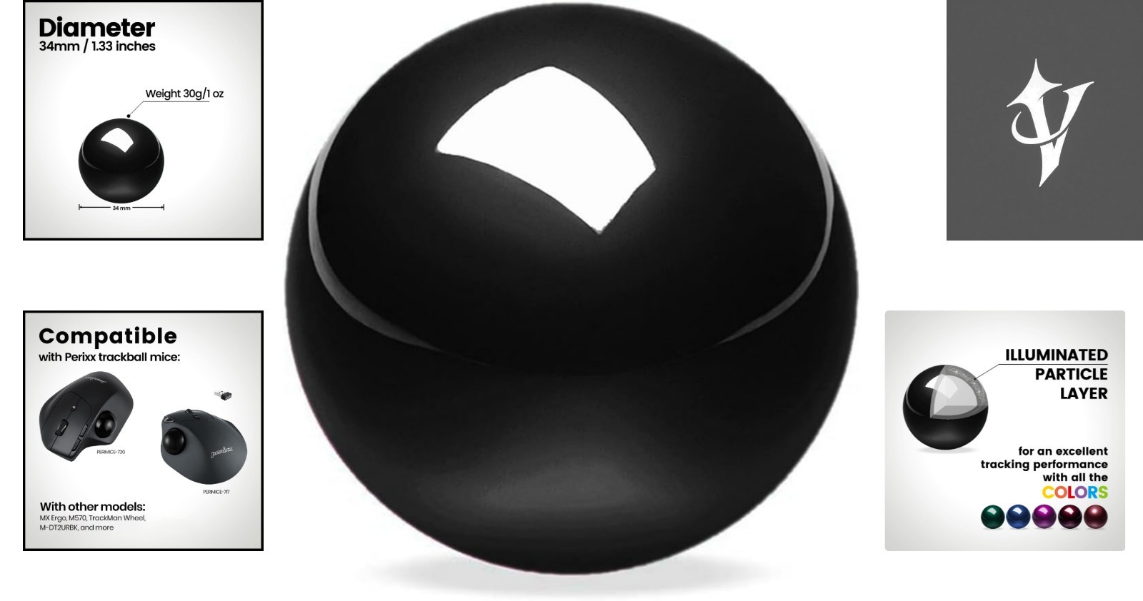 PERIPRO-303GBK 34mm Glossy Black Replacement Trackball for Multiple Mice