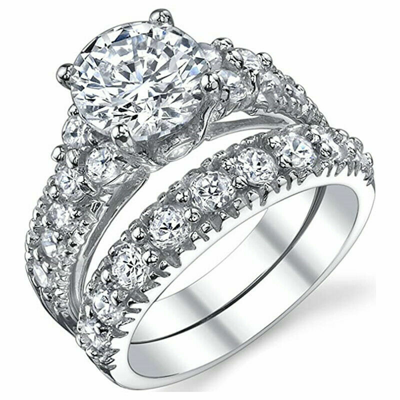 Women Fashion Silver Plated Rings Sapphire 2pcs/set Wedding Ring  6-10 Simulated